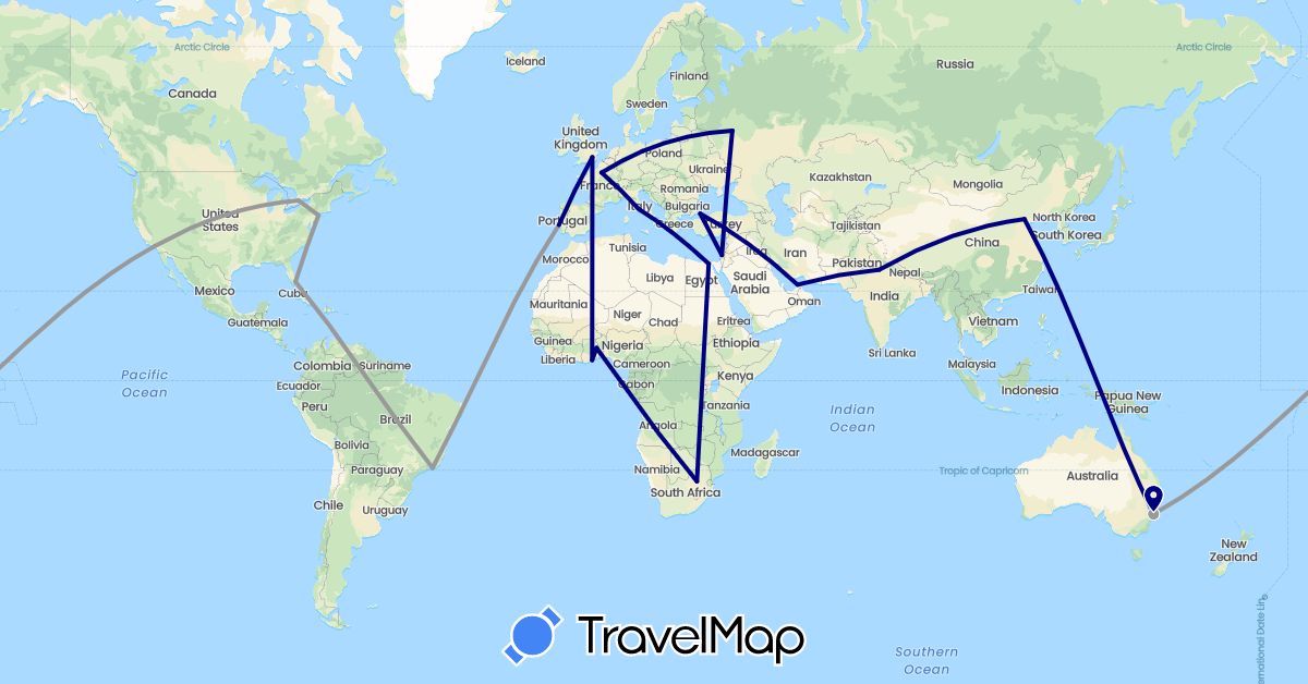 TravelMap itinerary: driving, plane in United Arab Emirates, Australia, Brazil, Canada, China, Germany, Egypt, France, United Kingdom, Ghana, Israel, India, Italy, Portugal, Russia, Togo, Turkey, United States, South Africa (Africa, Asia, Europe, North America, Oceania, South America)
